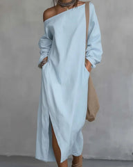 Loose-fitting One Shoulder Split Hem Midi Dress