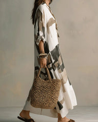 Boho Abstract Print Button-Front Maxi Dress