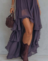 Retro Halter Neck Irregular Ruffle Maxi Dress