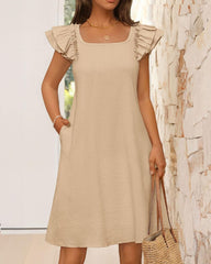 Ruffle Sleeve Bow Square Neck Casual Cute Shift Sundress