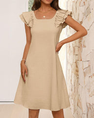 Ruffle Sleeve Bow Square Neck Casual Cute Shift Sundress