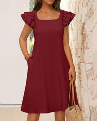 Ruffle Sleeve Bow Square Neck Casual Cute Shift Sundress