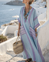 V-Neck Kaftan Maxi Solid Dress with Stripe Detail
