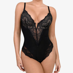 Deep V-Neck Lace Thong Bodysuit - A Stylish, Lightly-Sculpting Statement