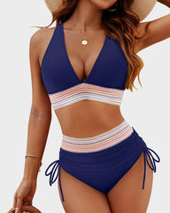 High Waisted Tummy Control Color Block Bikini Sets