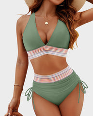 High Waisted Tummy Control Color Block Bikini Sets