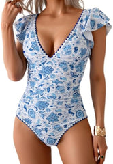 Ruffle V Neck Tummy Control One Piece Swimsuit