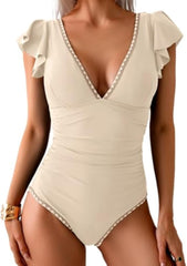 Ruffle V Neck Tummy Control One Piece Swimsuit