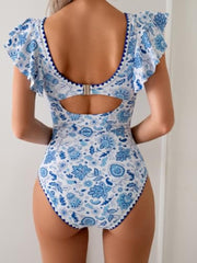 Ruffle V Neck Tummy Control One Piece Swimsuit