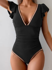 Ruffle V Neck Tummy Control One Piece Swimsuit