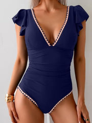 Ruffle V Neck Tummy Control One Piece Swimsuit