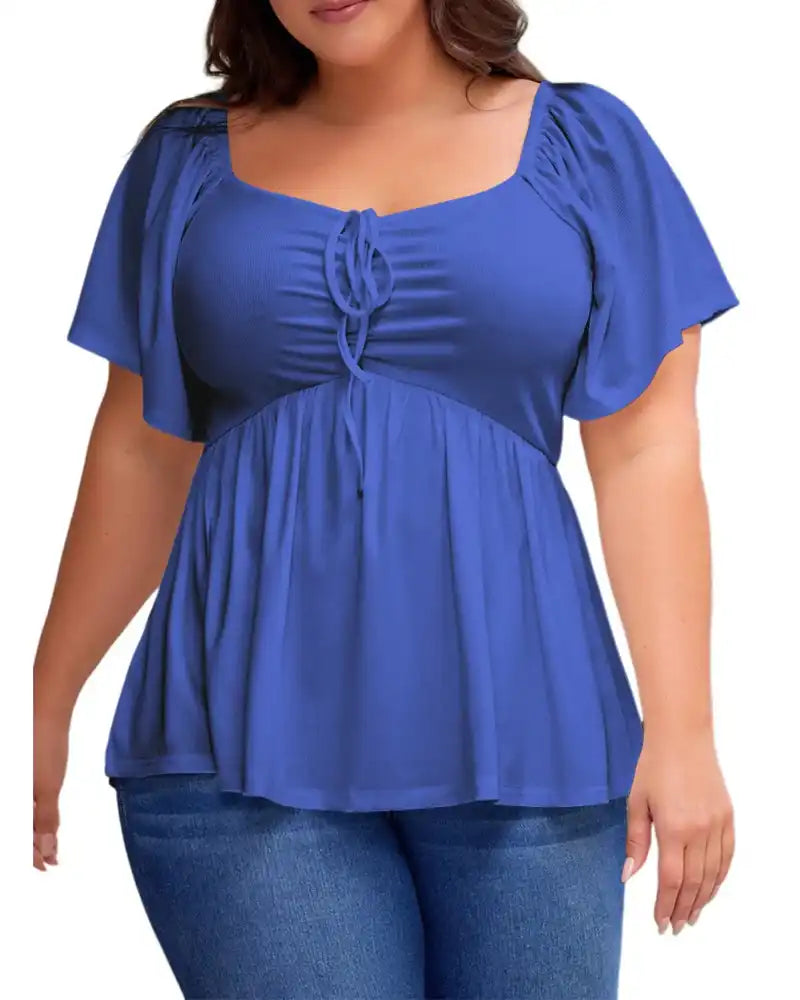 (XL-5XL) Plus Size Square Neck Short Sleeve Shirred Peplum Blouse