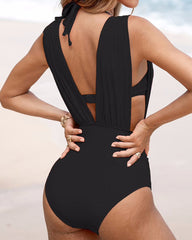Curvyify Deep Plunge Ruched Swimsuit with Halter Bra Two-Piece Set