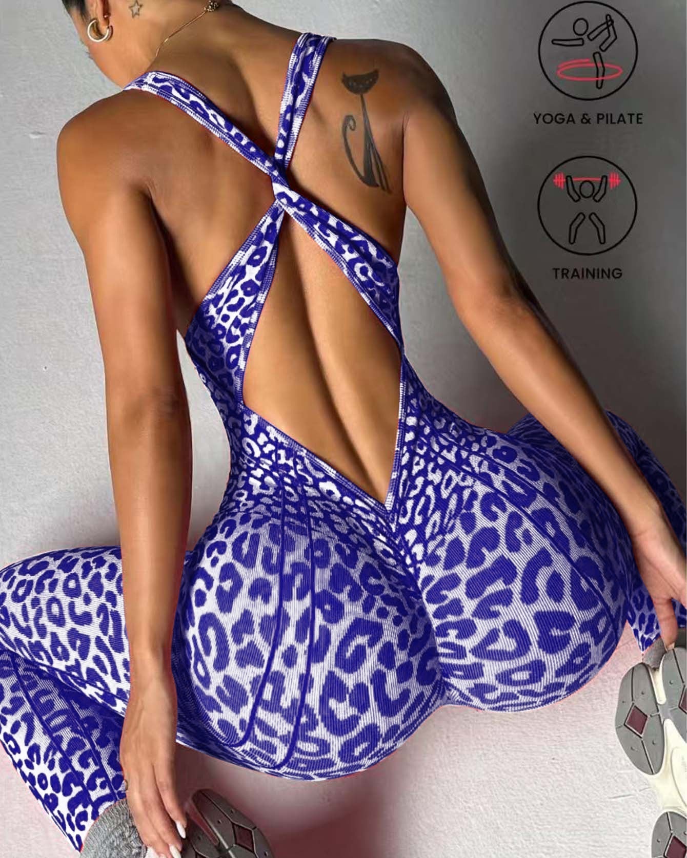 Curvy Seamless Leopard Print Backless Yoga Jumpsuit