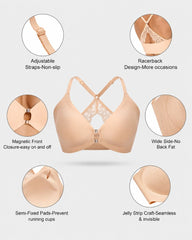 Front Closure Wireless Plunge Lace Racerback Bra