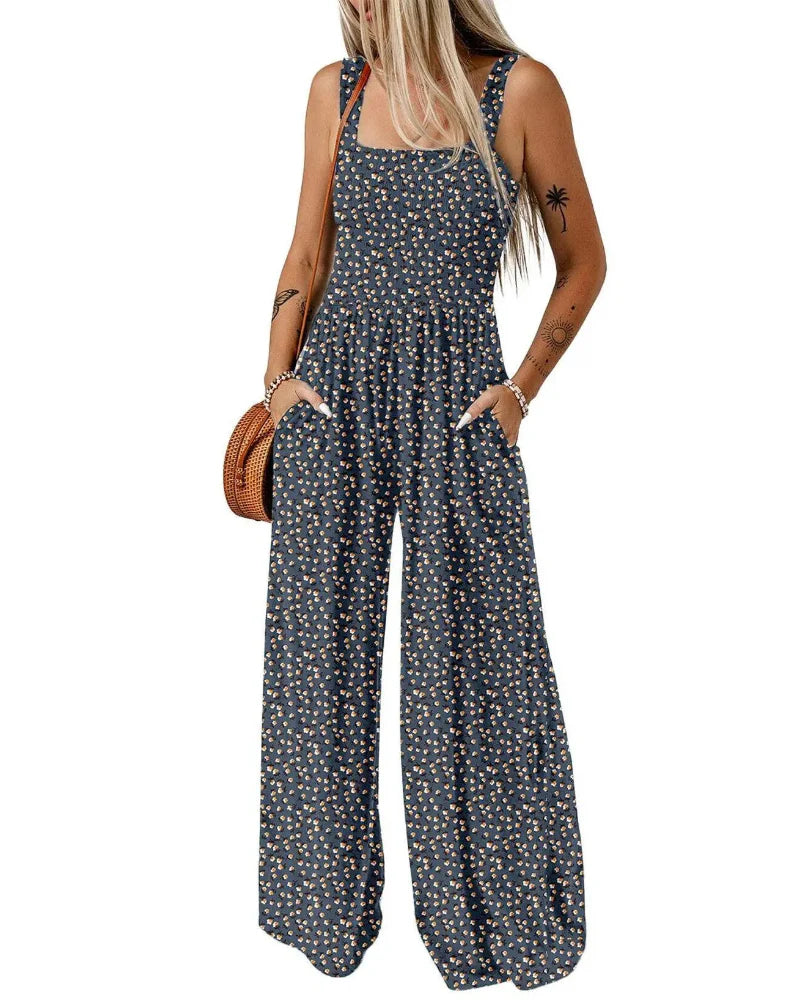 Bohemian Sleeveless Wide Leg Jumpsuit With Pockets