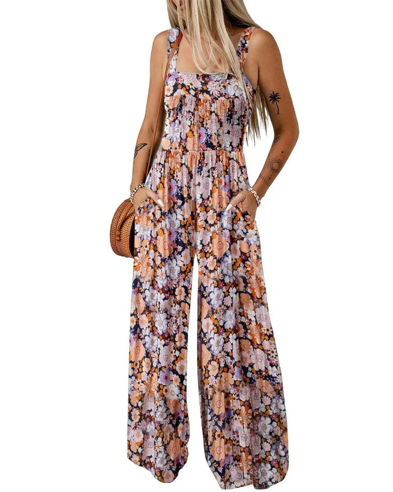 Bohemian Sleeveless Wide Leg Jumpsuit With Pockets
