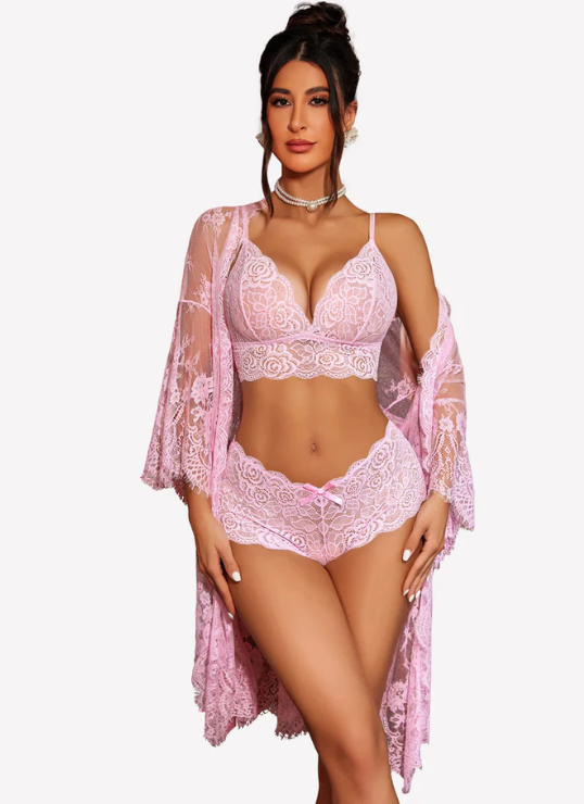 Women Sexy Lingerie Set 3 Piece Bra and Panty Sets with Lace Robe