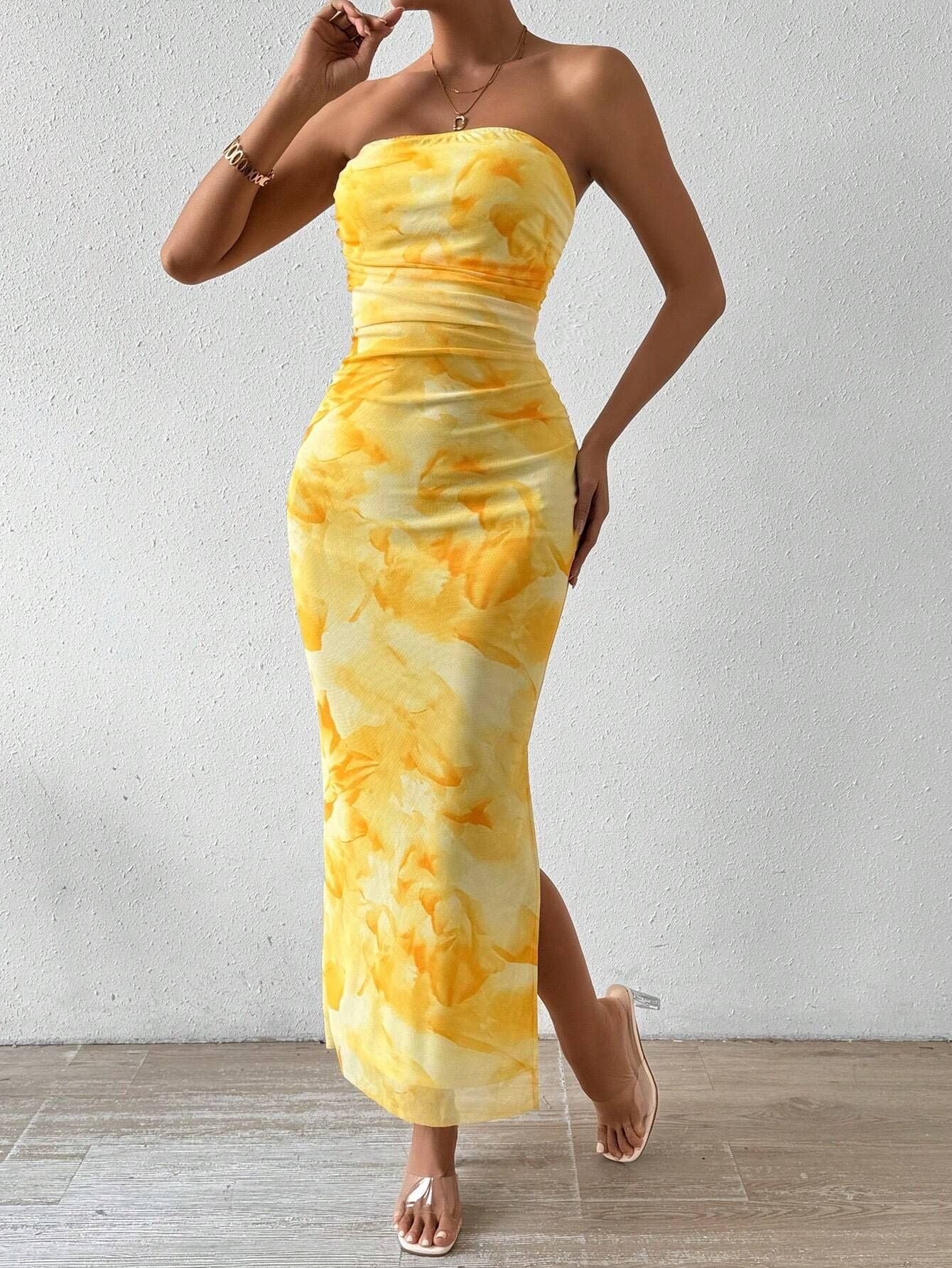 Mesh Floral Pleated Sexy Tight Split Strapless Tube-length Dress