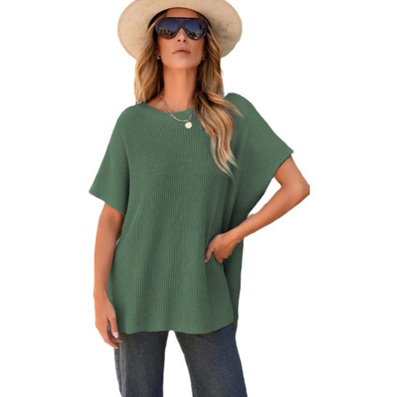 Women's Summer Solid Wool Pullover - Round Neck, Loose Short-Sleeve