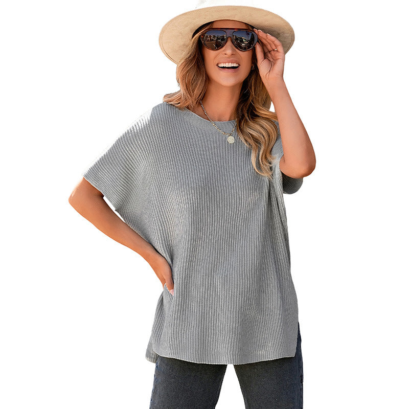 Women's Summer Solid Wool Pullover - Round Neck, Loose Short-Sleeve