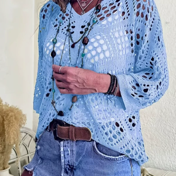 Women's Bohemian-Inspired Beige Crochet Top with V-Neck