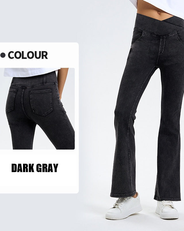 Curvy Fit High Waist Crossover Flare Denim Jeans - Illusion Pocket Stretch