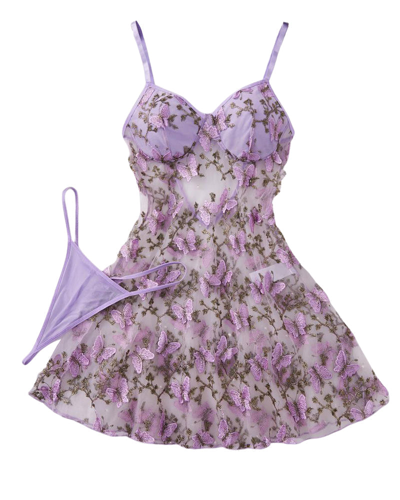 Women's Butterfly Embroidery Cami Nightdress & Thong Sexy Lingerie Set
