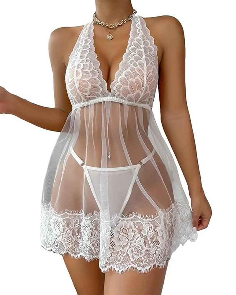 Floral Lace Halter Babydoll Lingerie Dress With Thong