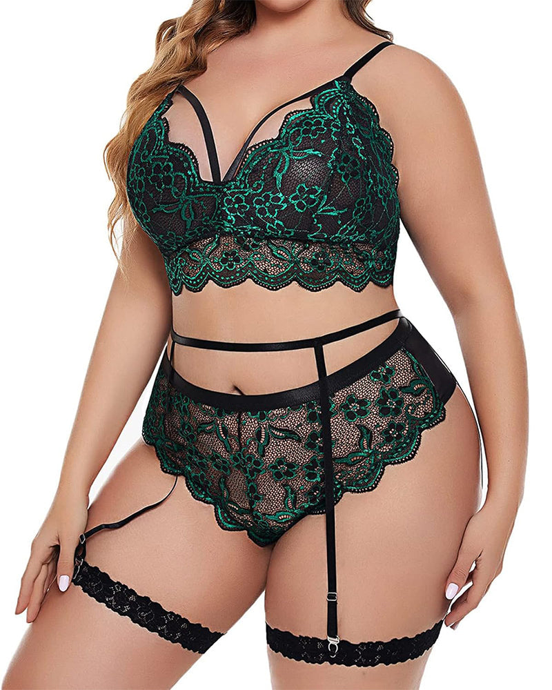 Plus Size Lingerie for Women Floral Lace Scallop Trim Bra High Waist Panties Set Garter Lingerie Set