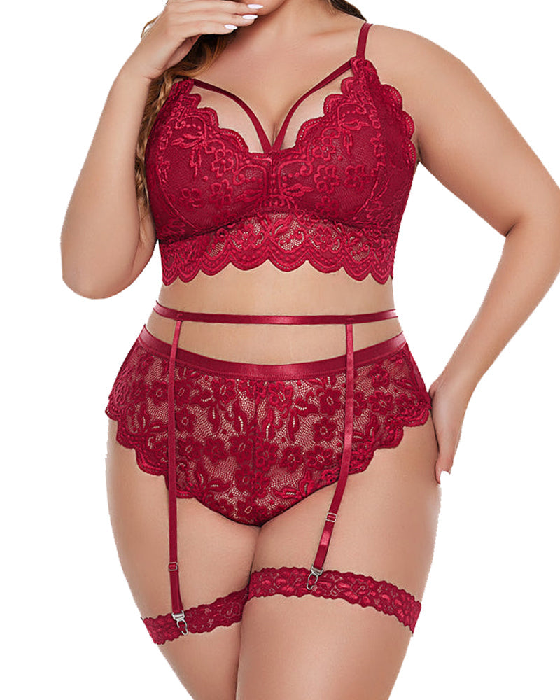 Plus Size Lingerie for Women Floral Lace Scallop Trim Bra High Waist Panties Set Garter Lingerie Set
