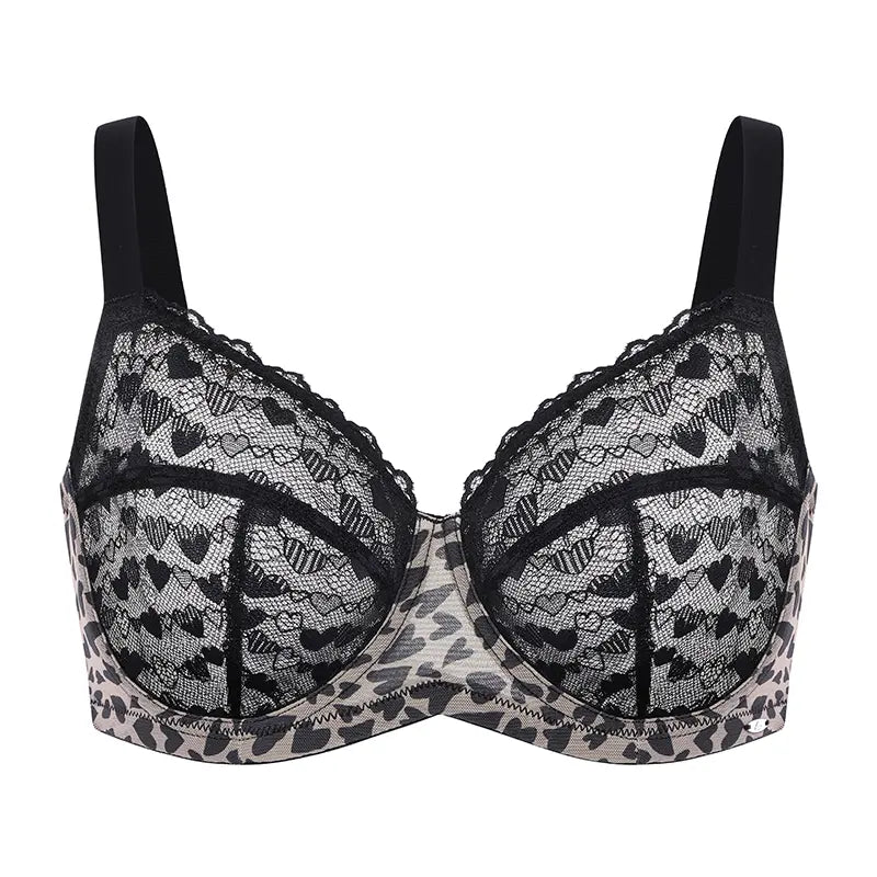 Plus Size Leopard Lace Underwire Bra with Heart Applique