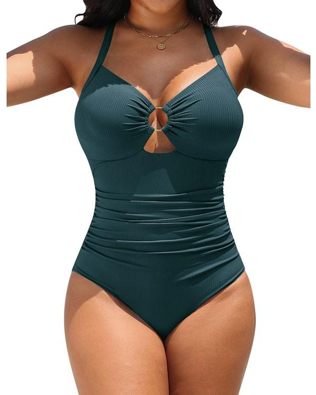 Cutout Tummy Control One Piece Swimsuit with Ruched Waist and Adjustable Straps
