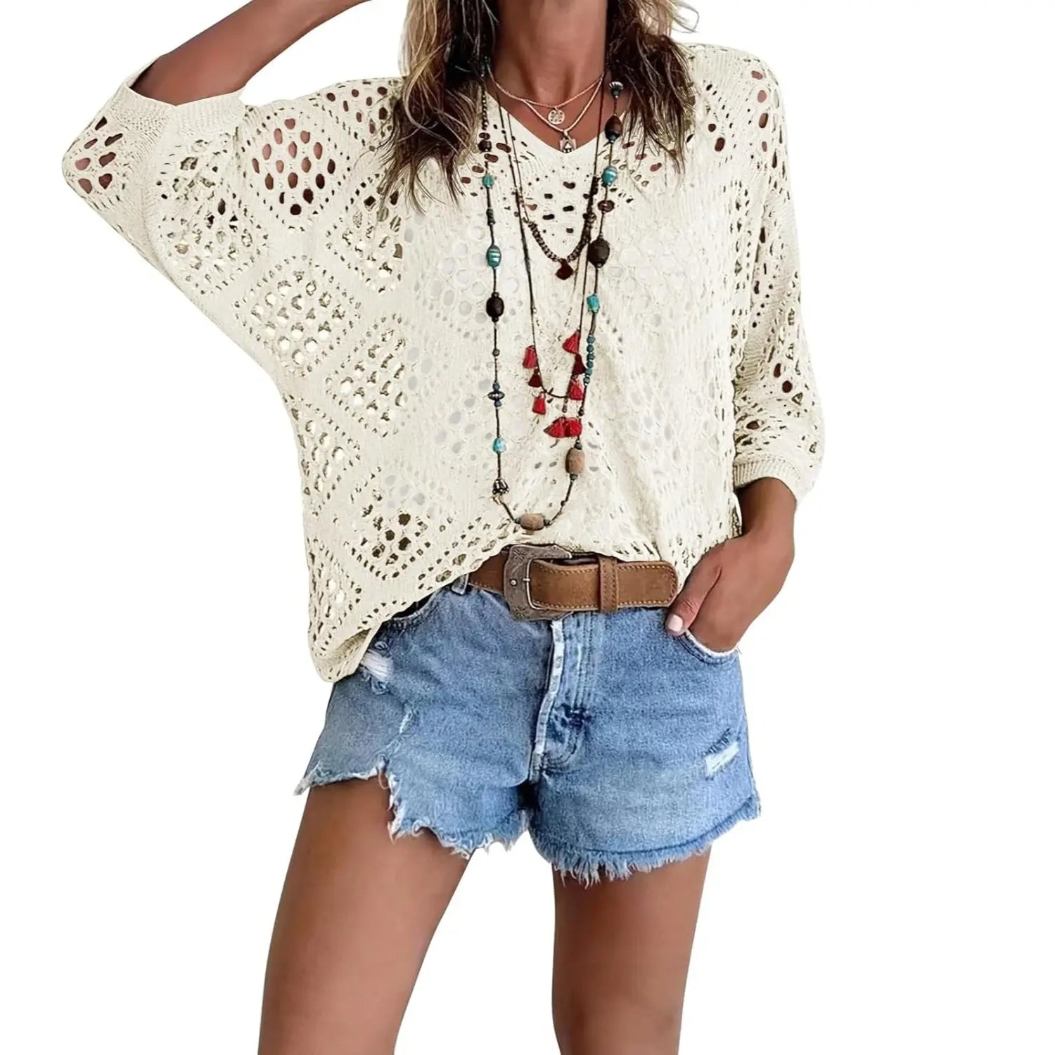 Women's Bohemian-Inspired Beige Crochet Top with V-Neck