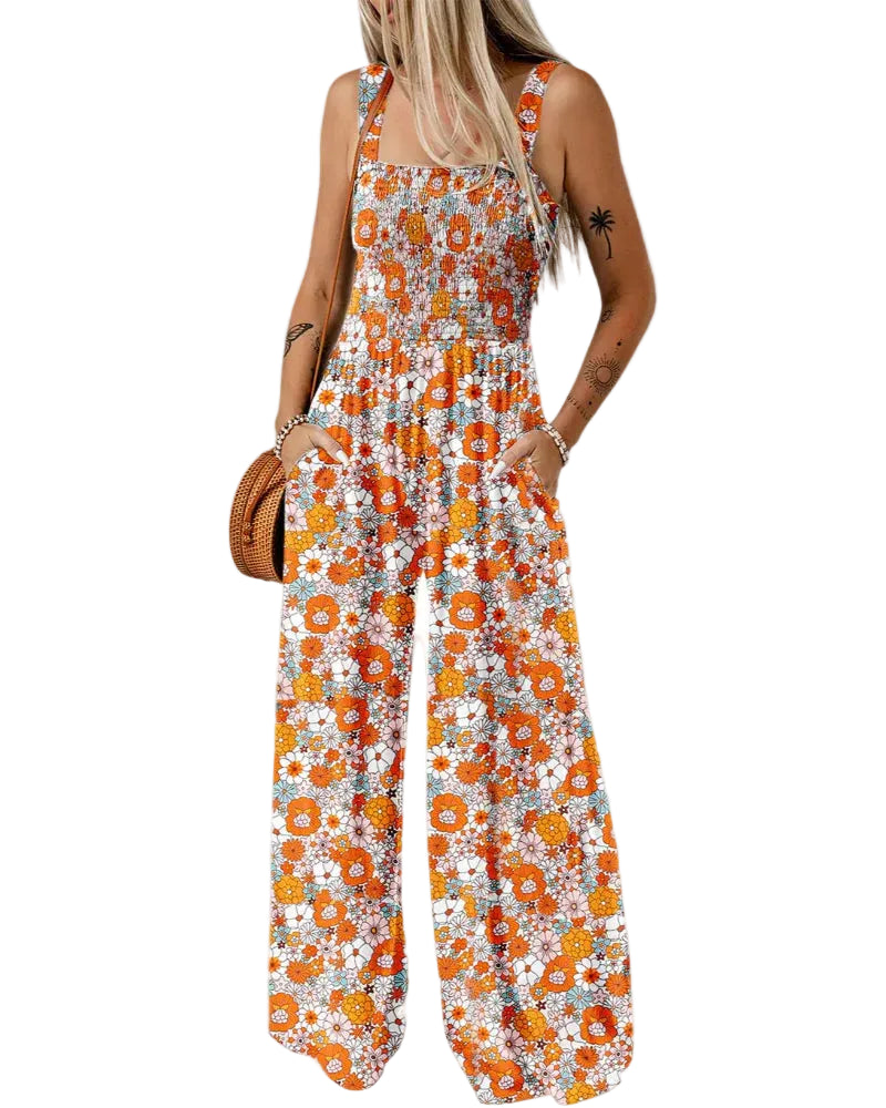 Bohemian Sleeveless Wide Leg Jumpsuit With Pockets