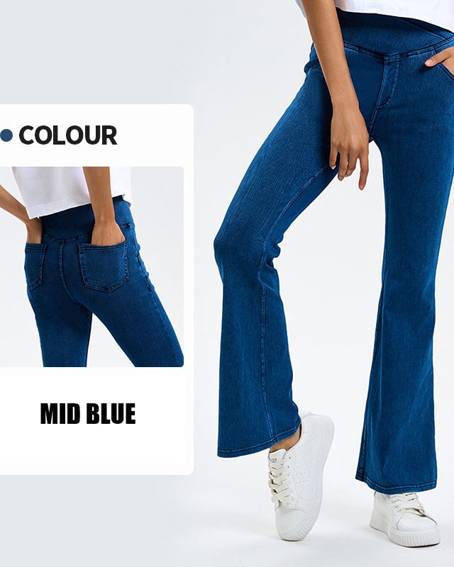 Curvy Fit High Waist Crossover Flare Denim Jeans - Illusion Pocket Stretch