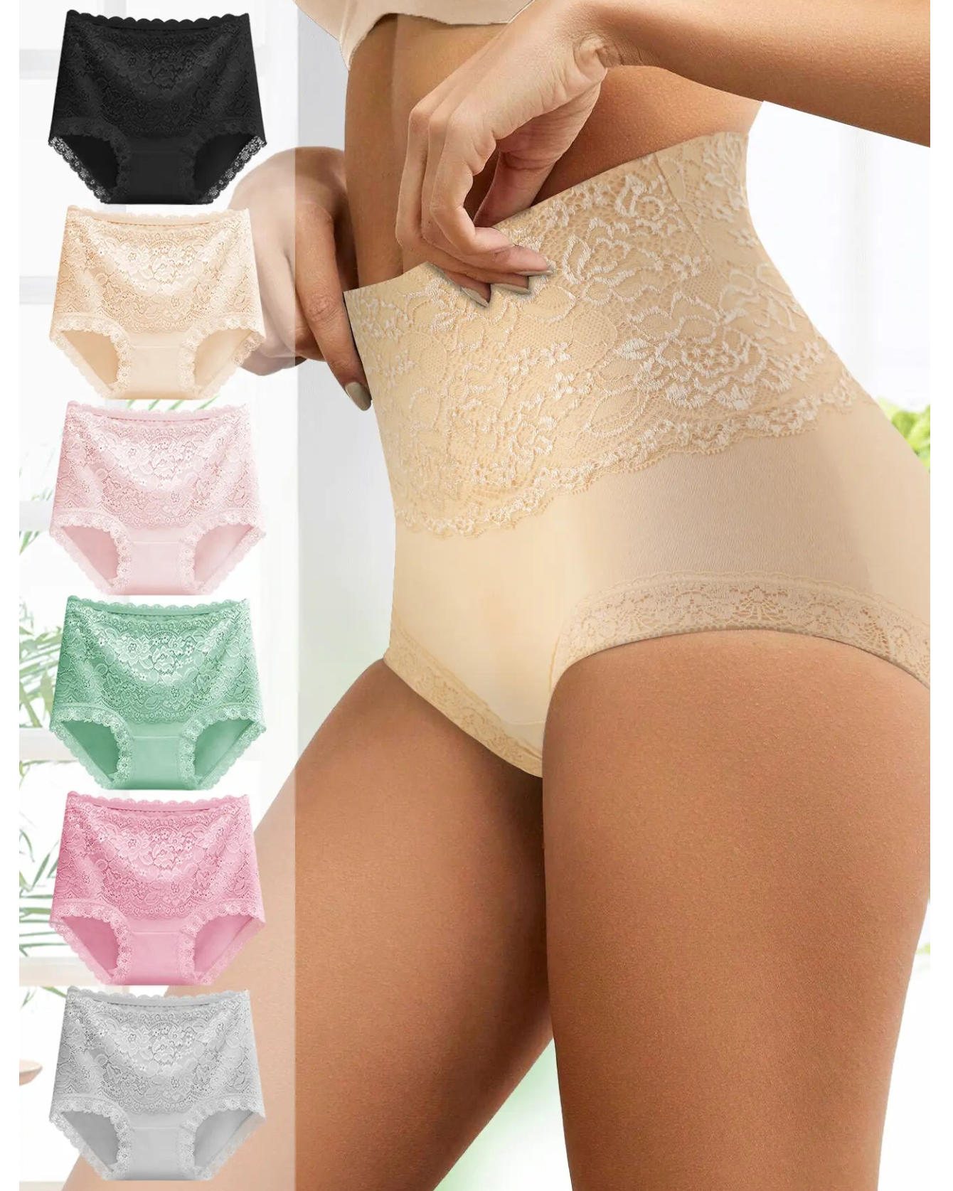 Women's Floral Lace High Waist Hip Lifting Cotton Briefs (3 Pack / 6 Pack)