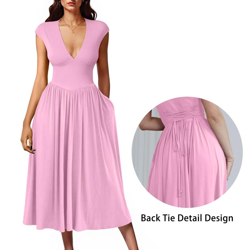 Women's Casual Deep V Neck Cap Sleeve Pleated Swing A Line Midi Dress With Pockets