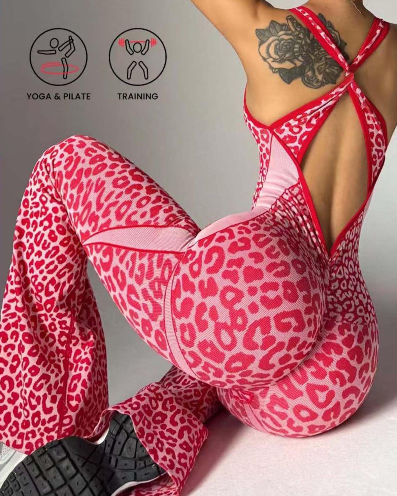 Curvy Seamless Leopard Print Backless Yoga Jumpsuit