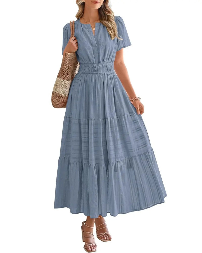 Women's Casual Boho Maxi Dress V Neck Short Sleeve with Pockets