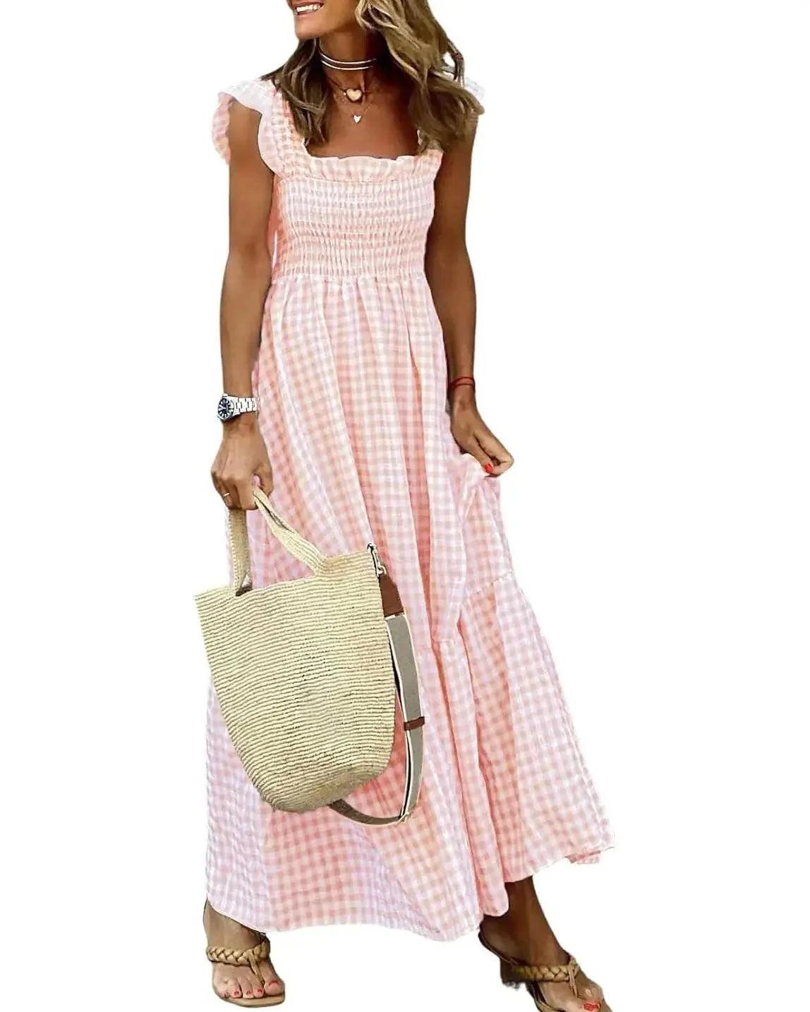Women's Retro Plaid Smocked Maxi Dress with Pockets - Sleeveless Flowy Casual Dress