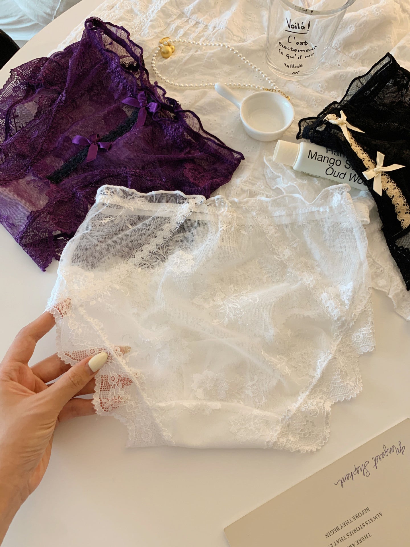 Sheer Floral Lace Bow Panties with Cotton Gusset