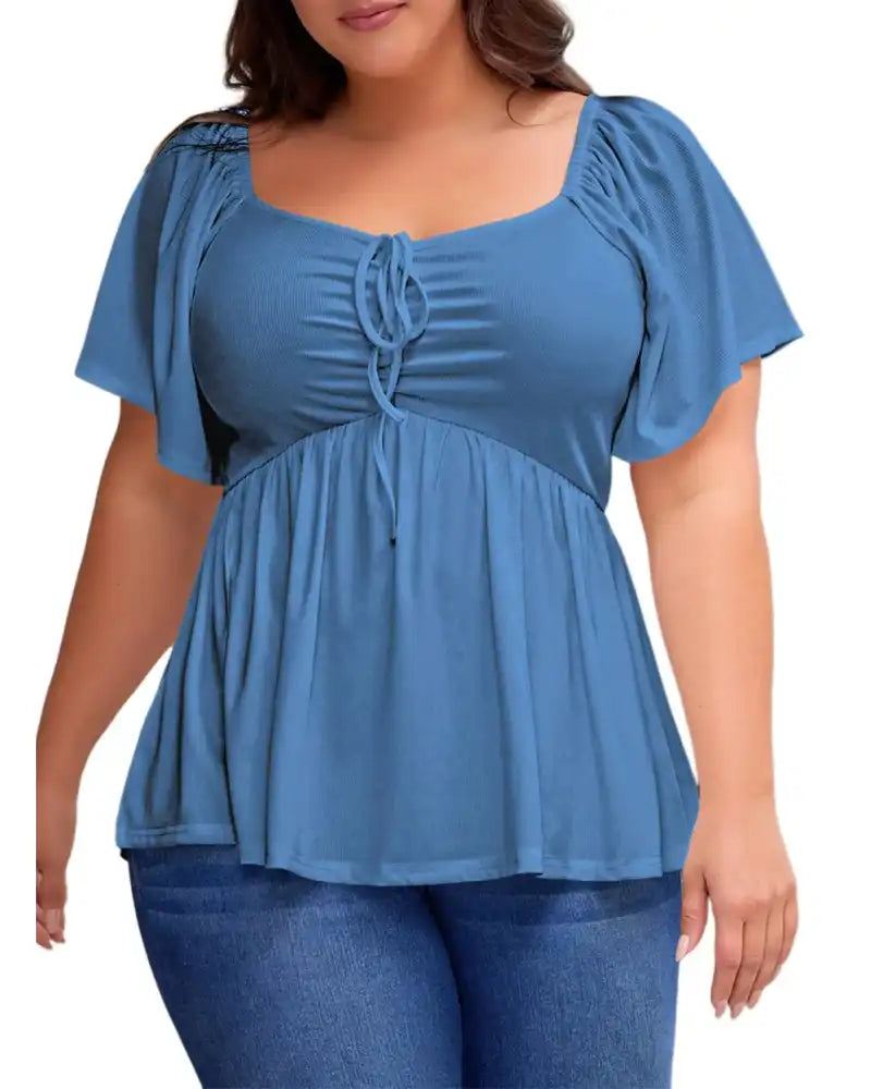(XL-5XL) Plus Size Square Neck Short Sleeve Shirred Peplum Blouse