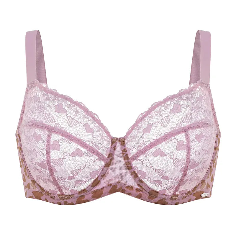 Plus Size Leopard Lace Underwire Bra with Heart Applique