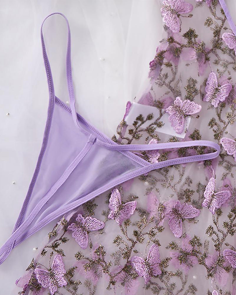 Women's Butterfly Embroidery Cami Nightdress & Thong Sexy Lingerie Set