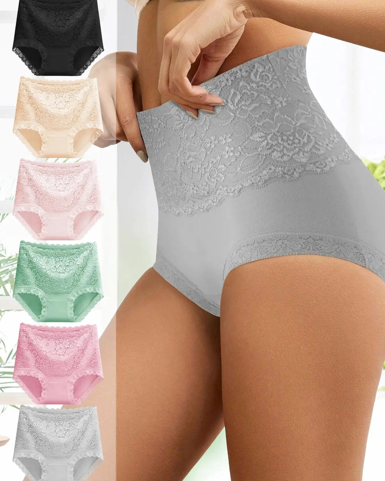 Women's Floral Lace High Waist Hip Lifting Cotton Briefs (3 Pack / 6 Pack)