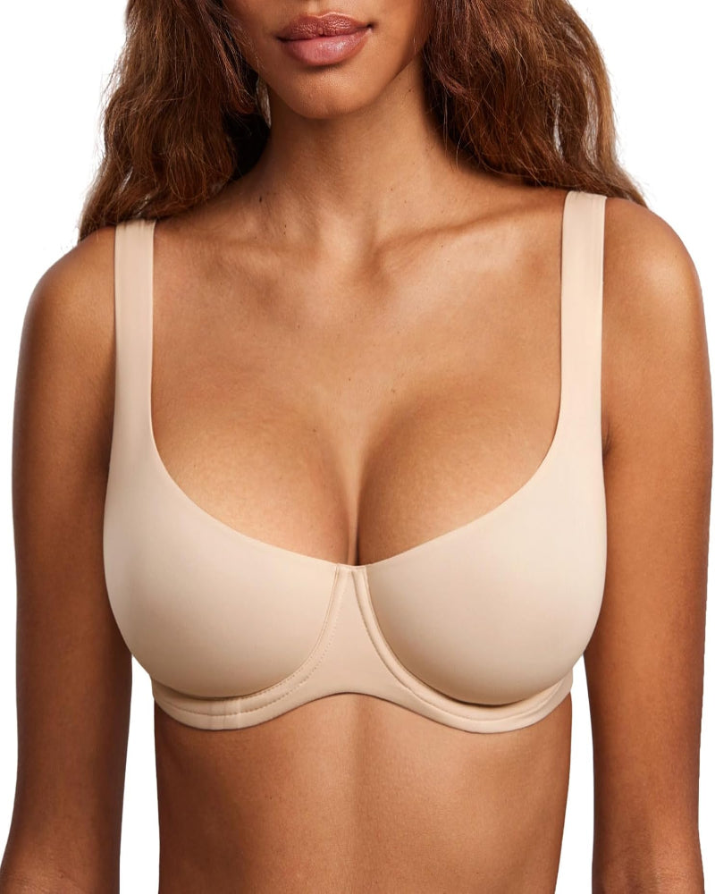 Women's Unlined Balconette Bra Underwire Supportive Plus Size Smooth Scoop Neck