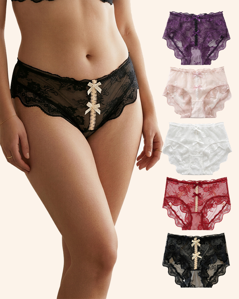 Sheer Floral Lace Bow Panties with Cotton Gusset