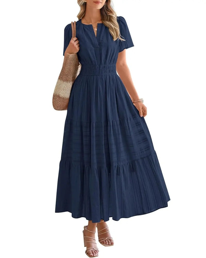 Women's Casual Boho Maxi Dress V Neck Short Sleeve with Pockets