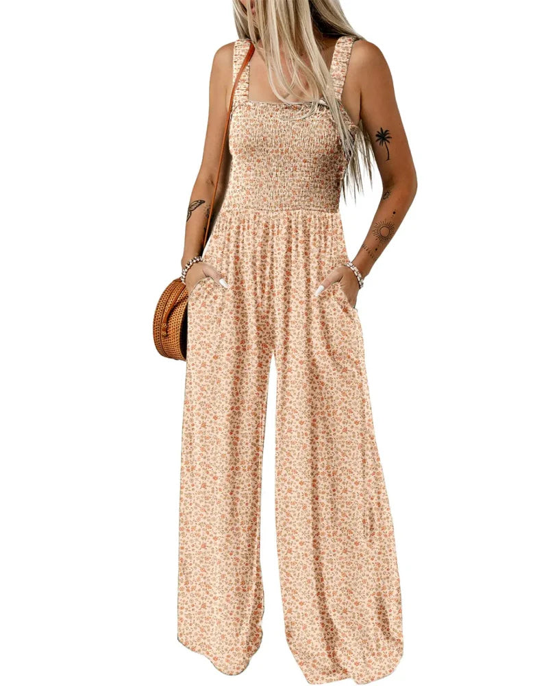 Bohemian Sleeveless Wide Leg Jumpsuit With Pockets